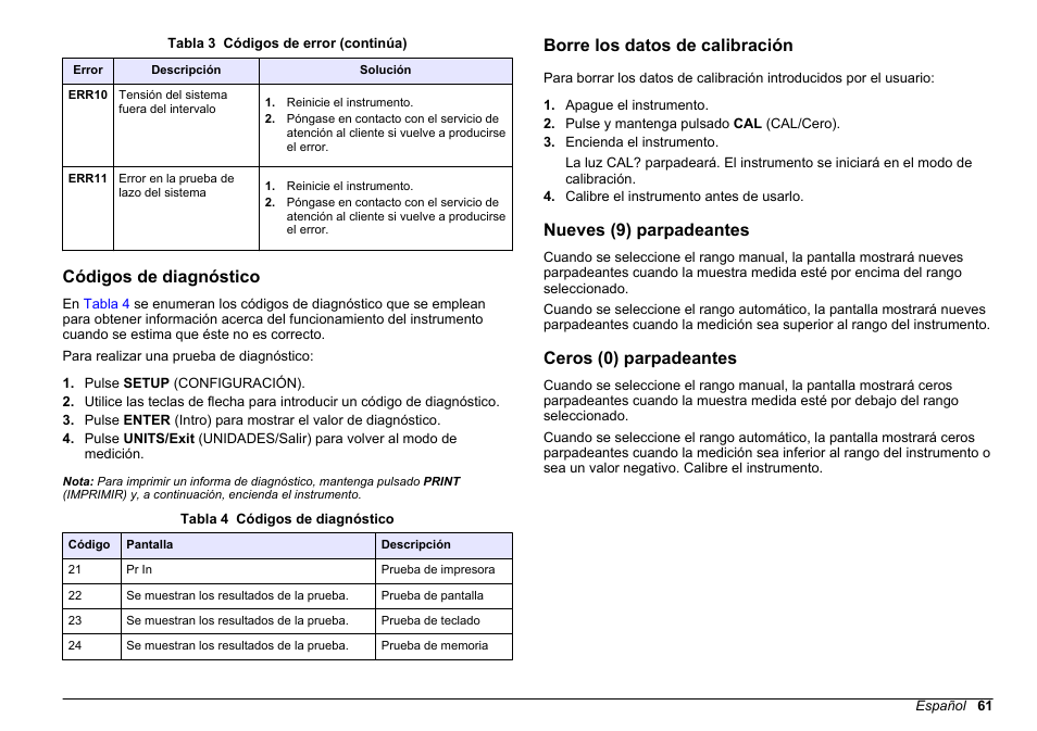 Códigos de diagnóstico, Borre los datos de calibración, Nueves (9) parpadeantes | Ceros (0) parpadeantes | Hach-Lange 2100 N IS Laboratory Turbidimeter Basic User Manual User Manual | Page 61 / 64