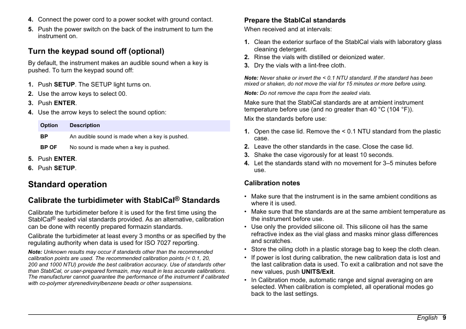 Turn the keypad sound off (optional), Standard operation, Prepare the stablcal standards | Calibration notes, Calibrate the turbidimeter with stablcal, Standards | Hach-Lange 2100 N IS Laboratory Turbidimeter Basic User Manual User Manual | Page 9 / 64
