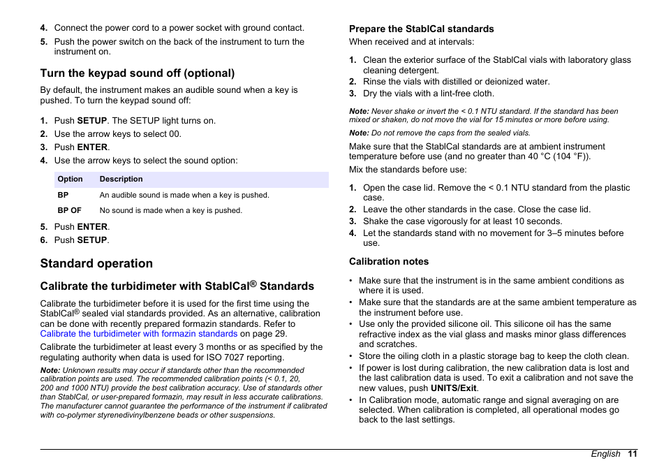 Turn the keypad sound off (optional), Standard operation, Prepare the stablcal standards | Calibration notes, Calibrate the turbidimeter with stablcal, Standards, Prepare the stablcal standards calibration notes | Hach-Lange 2100 N IS Laboratory Turbidimeter User Manual User Manual | Page 13 / 42