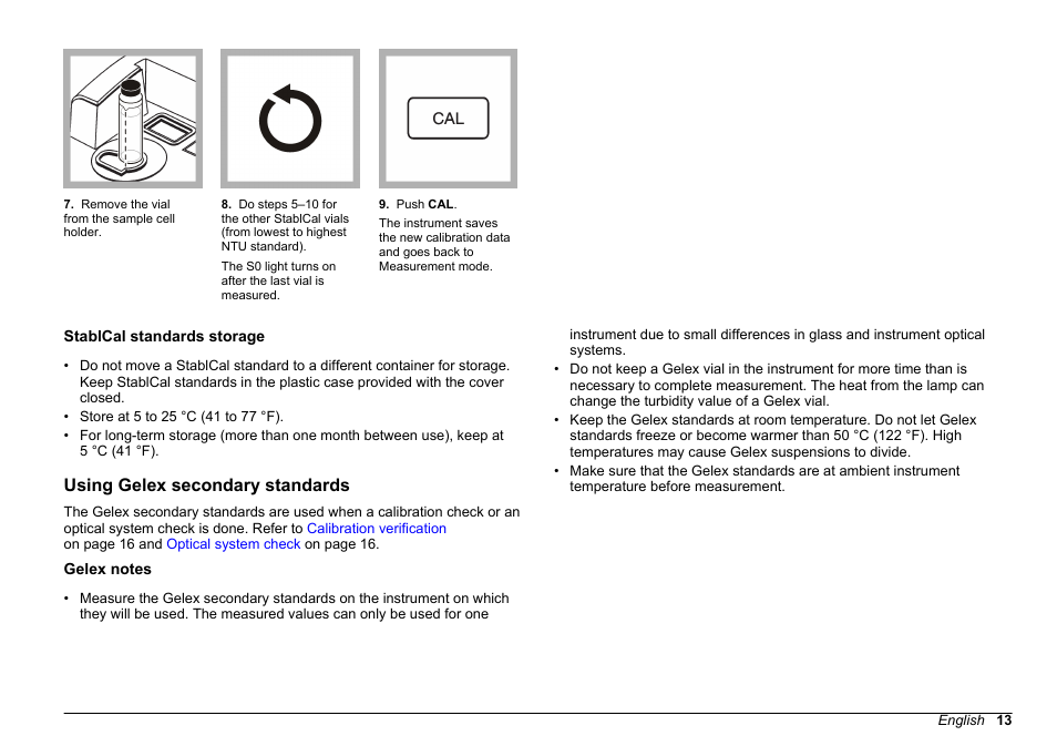 Stablcal standards storage, Using gelex secondary standards, Gelex notes | Hach-Lange 2100 N IS Laboratory Turbidimeter User Manual User Manual | Page 15 / 42