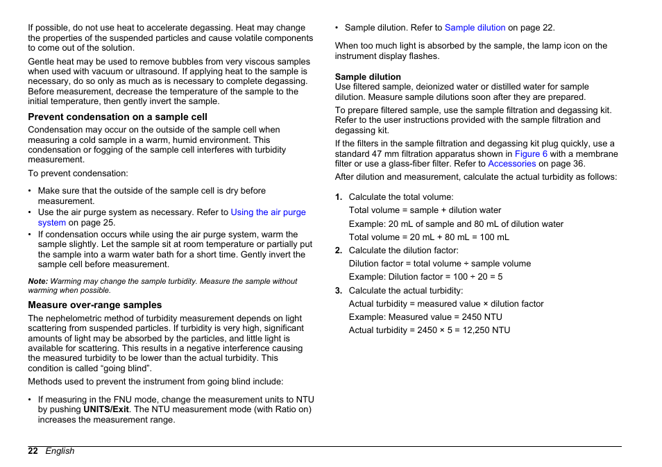 Prevent condensation on a sample cell, Measure over-range samples, Sample dilution | Hach-Lange 2100 N IS Laboratory Turbidimeter User Manual User Manual | Page 24 / 42