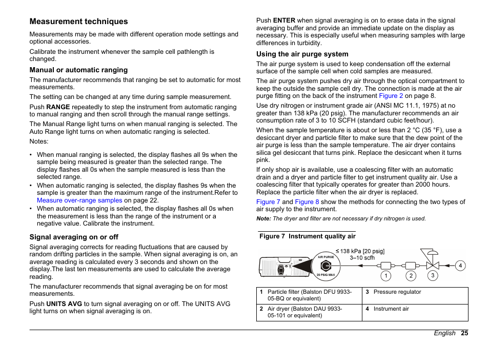 Measurement techniques, Manual or automatic ranging, Signal averaging on or off | Using the air purge system, Using the air purge, System | Hach-Lange 2100 N IS Laboratory Turbidimeter User Manual User Manual | Page 27 / 42