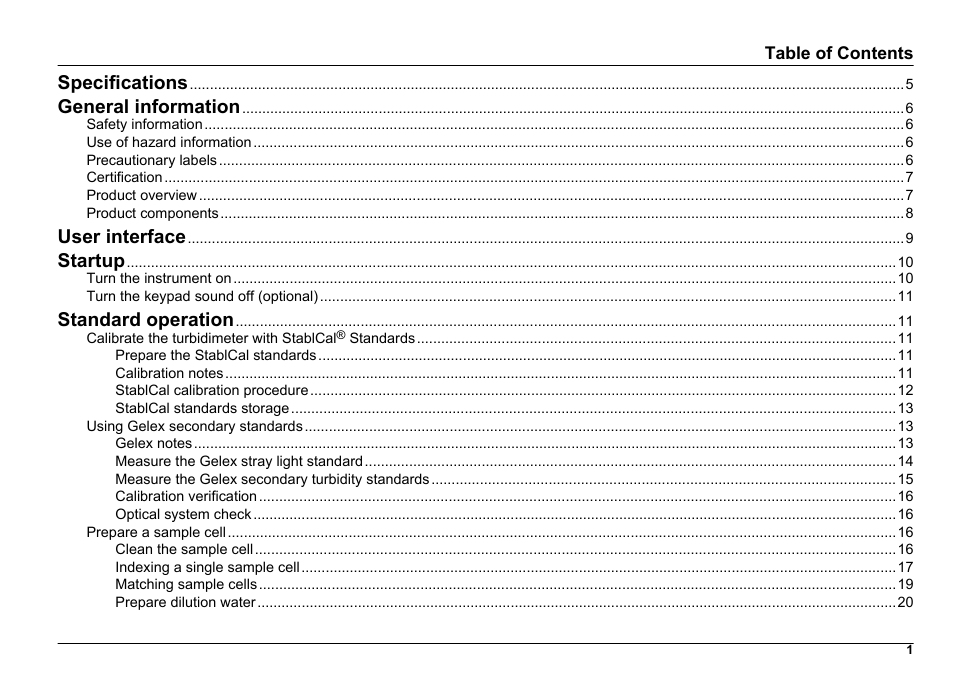 Specifications, General information, User interface | Startup, Standard operation | Hach-Lange 2100 N IS Laboratory Turbidimeter User Manual User Manual | Page 3 / 42
