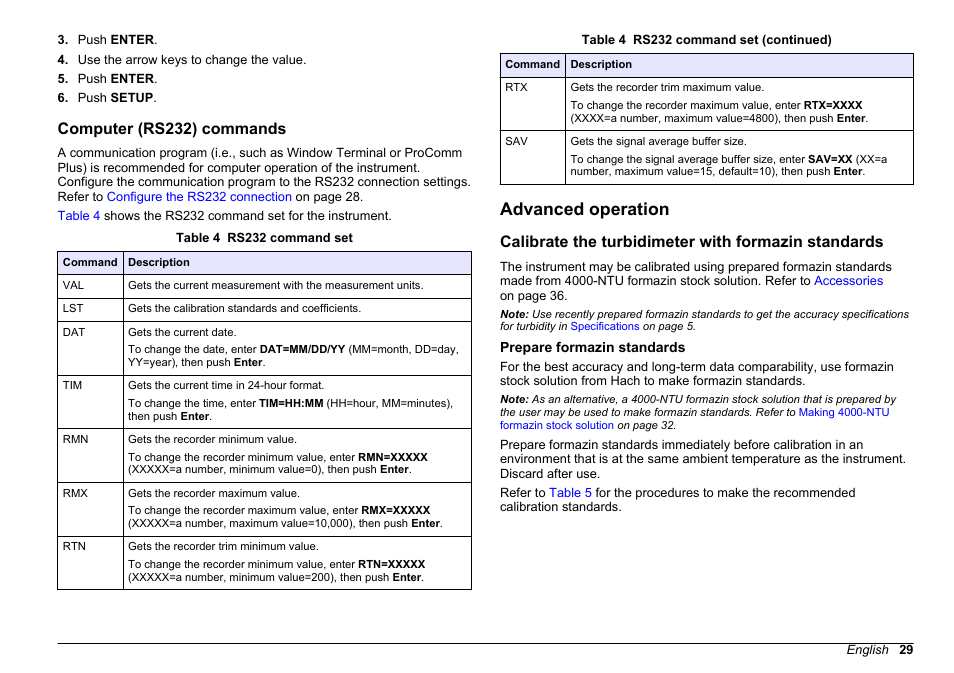 Computer (rs232) commands, Advanced operation, Calibrate the turbidimeter with formazin standards | Prepare formazin standards | Hach-Lange 2100 N IS Laboratory Turbidimeter User Manual User Manual | Page 31 / 42