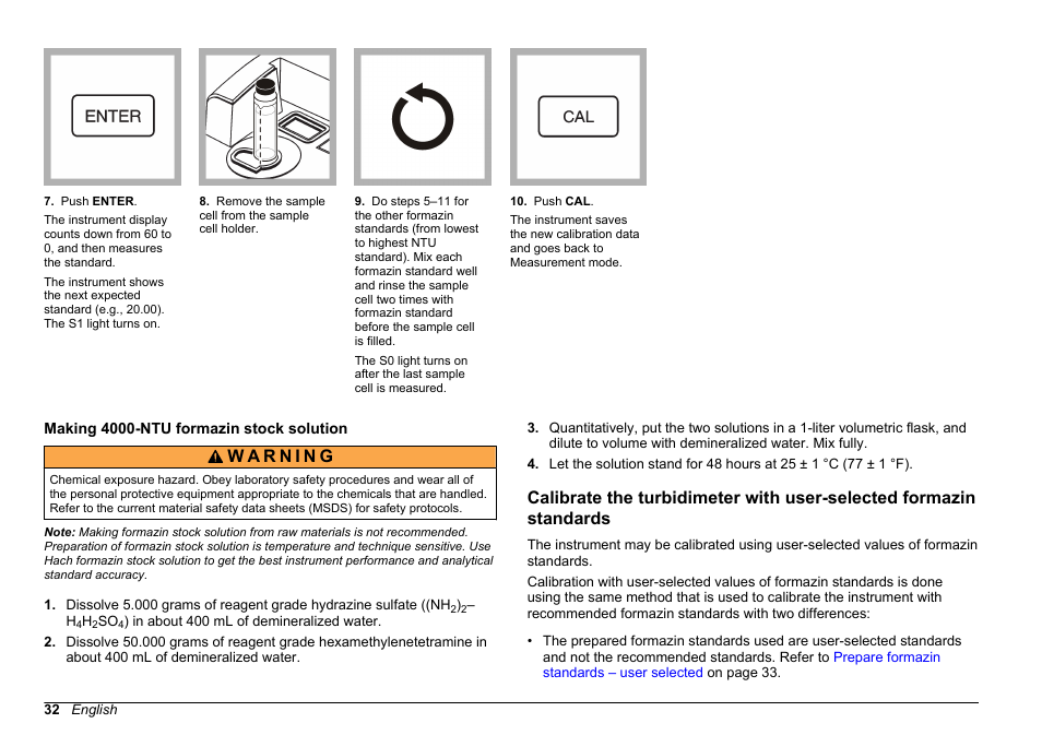 Making 4000-ntu formazin stock solution, Making 4000-ntu, Formazin stock solution | Hach-Lange 2100 N IS Laboratory Turbidimeter User Manual User Manual | Page 34 / 42