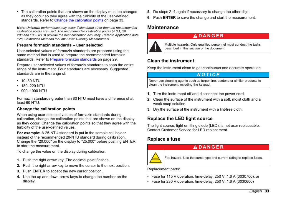 Prepare formazin standards – user selected, Change the calibration points, Maintenance | Clean the instrument, Replace the led light source, Replace a fuse | Hach-Lange 2100 N IS Laboratory Turbidimeter User Manual User Manual | Page 35 / 42