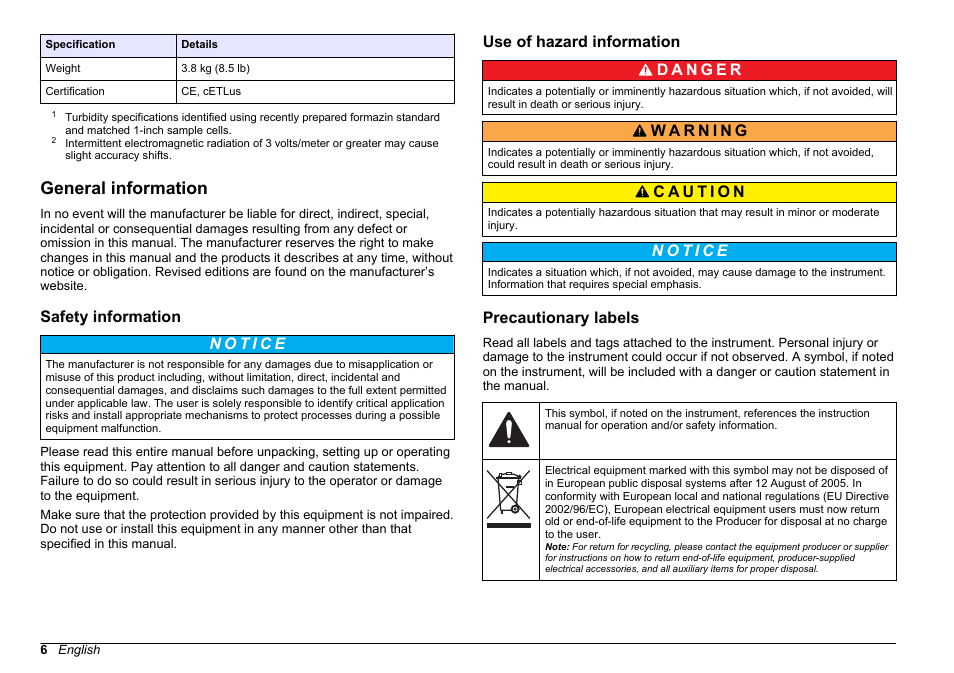 General information, Safety information, Use of hazard information | Precautionary labels | Hach-Lange 2100 N IS Laboratory Turbidimeter User Manual User Manual | Page 8 / 42
