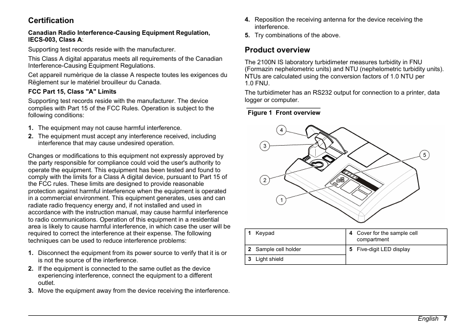 Certification, Product overview, Certification product overview | Hach-Lange 2100 N IS Laboratory Turbidimeter User Manual User Manual | Page 9 / 42