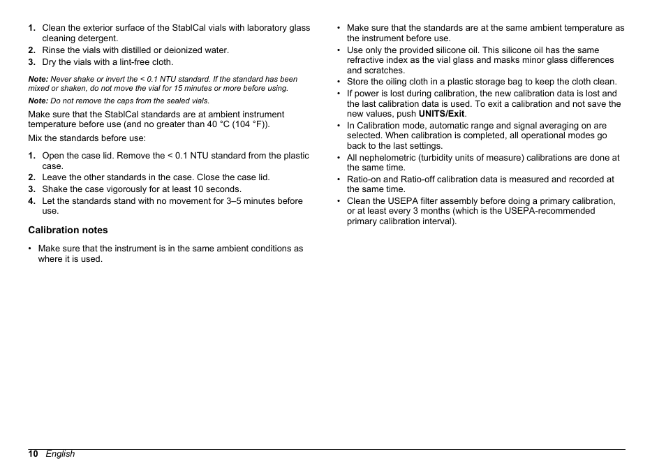 Calibration notes | Hach-Lange 2100 N Laboratory Turbidimeter Basic User Manual User Manual | Page 10 / 78