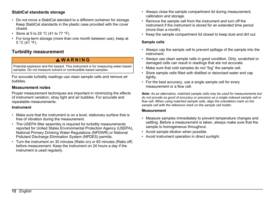 Stablcal standards storage, Turbidity measurement, Measurement notes | Hach-Lange 2100 N Laboratory Turbidimeter Basic User Manual User Manual | Page 12 / 78