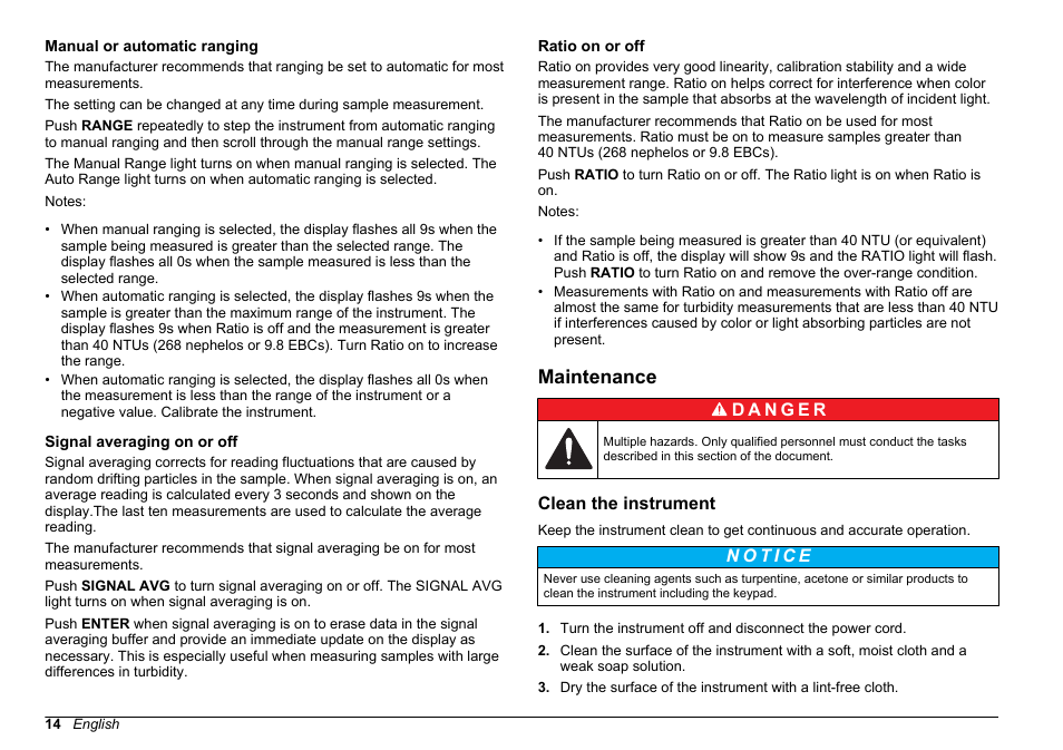 Manual or automatic ranging, Signal averaging on or off, Ratio on or off | Maintenance, Clean the instrument | Hach-Lange 2100 N Laboratory Turbidimeter Basic User Manual User Manual | Page 14 / 78