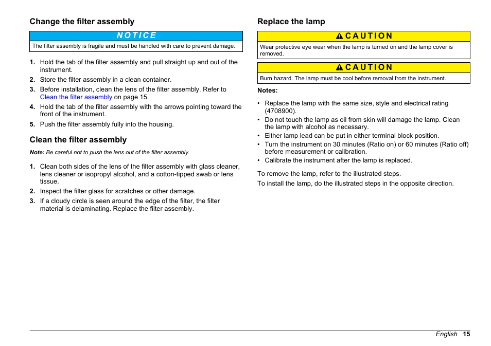 Change the filter assembly, Clean the filter assembly, Replace the lamp | Refer to, Clean the filter, Assembly | Hach-Lange 2100 N Laboratory Turbidimeter Basic User Manual User Manual | Page 15 / 78