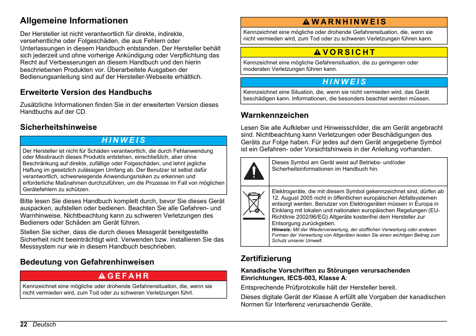 Allgemeine informationen, Erweiterte version des handbuchs, Sicherheitshinweise | Bedeutung von gefahrenhinweisen, Warnkennzeichen, Zertifizierung | Hach-Lange 2100 N Laboratory Turbidimeter Basic User Manual User Manual | Page 22 / 78