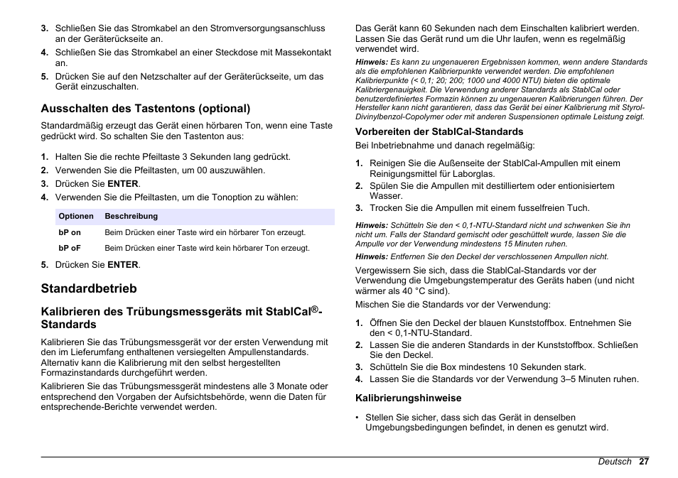 Ausschalten des tastentons (optional), Standardbetrieb, Vorbereiten der stablcal-standards | Kalibrierungshinweise, Auf seite 27, Kalibrieren des trübungsmessgeräts mit stablcal, Standards | Hach-Lange 2100 N Laboratory Turbidimeter Basic User Manual User Manual | Page 27 / 78