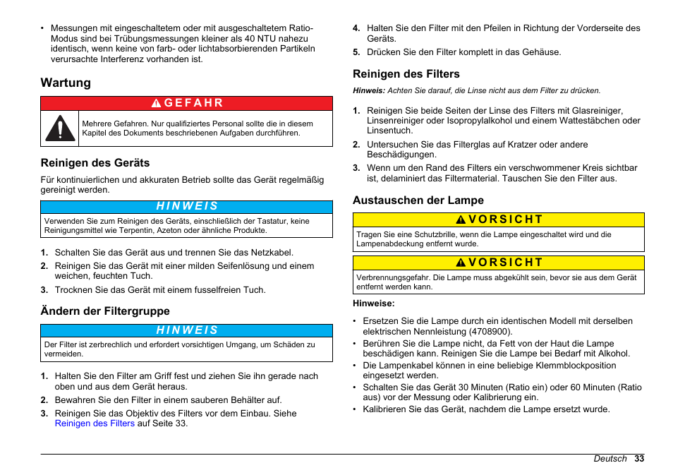 Wartung, Reinigen des geräts, Ändern der filtergruppe | Reinigen des filters, Austauschen der lampe, Auf seite 33, Filters. siehe, Reinigen, Des filters | Hach-Lange 2100 N Laboratory Turbidimeter Basic User Manual User Manual | Page 33 / 78