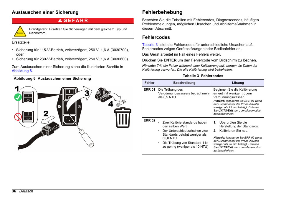 Austauschen einer sicherung, Fehlerbehebung, Fehlercodes | Auf seite 36 | Hach-Lange 2100 N Laboratory Turbidimeter Basic User Manual User Manual | Page 36 / 78