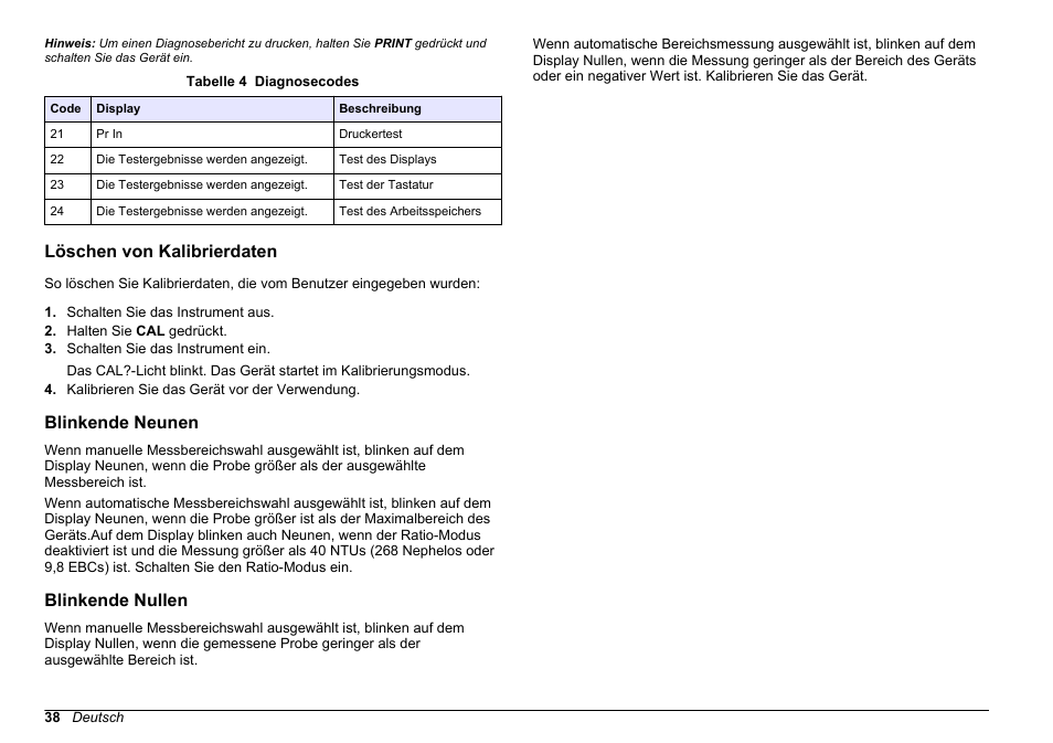 Löschen von kalibrierdaten, Blinkende neunen, Blinkende nullen | Hach-Lange 2100 N Laboratory Turbidimeter Basic User Manual User Manual | Page 38 / 78