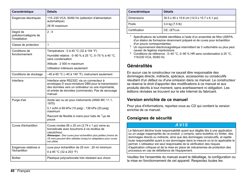 Généralités, Version enrichie de ce manuel, Consignes de sécurité | Hach-Lange 2100 N Laboratory Turbidimeter Basic User Manual User Manual | Page 40 / 78