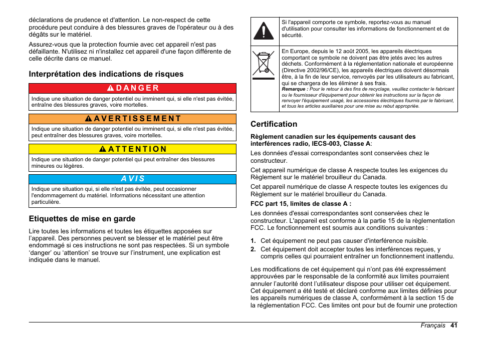 Interprétation des indications de risques, Etiquettes de mise en garde, Certification | Hach-Lange 2100 N Laboratory Turbidimeter Basic User Manual User Manual | Page 41 / 78