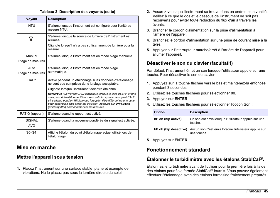 Mise en marche, Mettre l'appareil sous tension, Désactiver le son du clavier (facultatif) | Fonctionnement standard | Hach-Lange 2100 N Laboratory Turbidimeter Basic User Manual User Manual | Page 45 / 78
