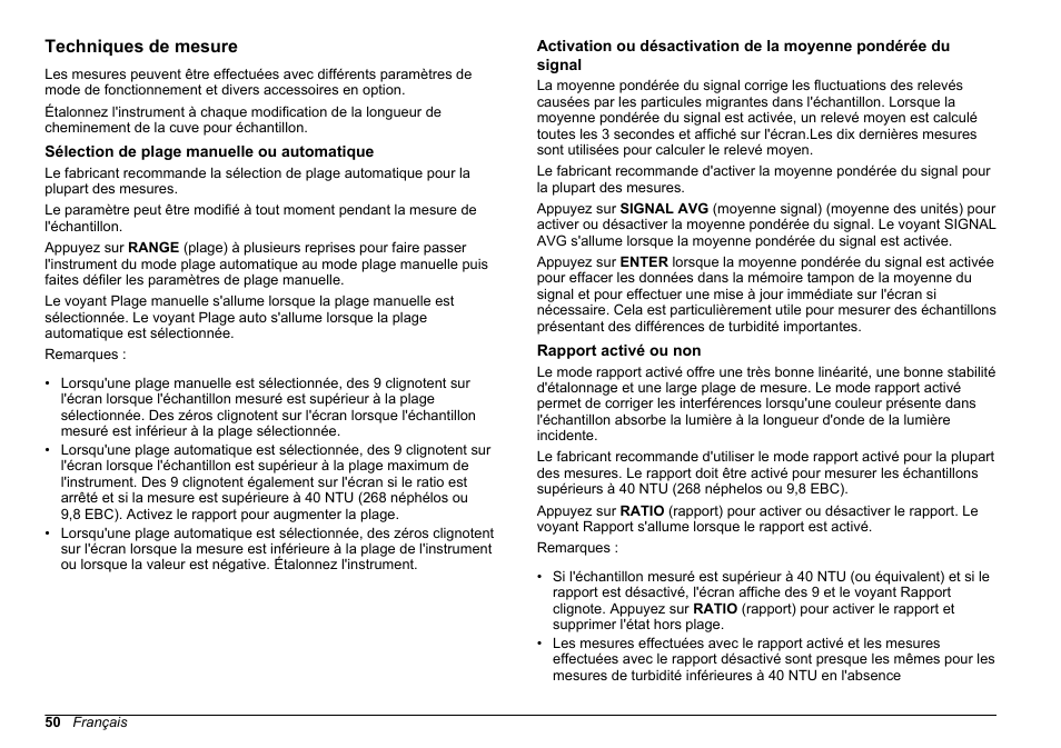 Techniques de mesure, Sélection de plage manuelle ou automatique, Rapport activé ou non | Hach-Lange 2100 N Laboratory Turbidimeter Basic User Manual User Manual | Page 50 / 78