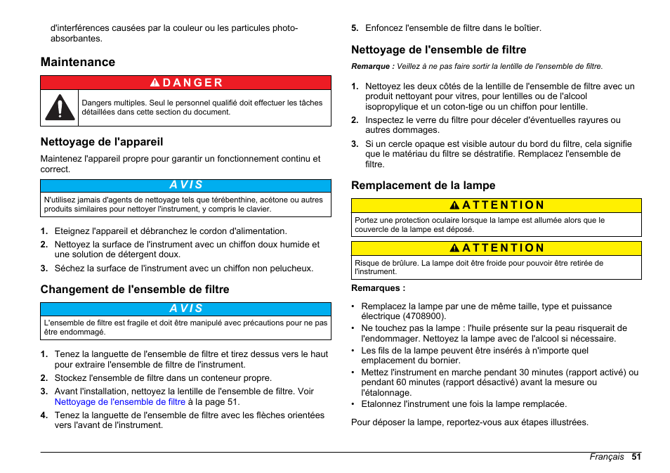 Maintenance, Nettoyage de l'appareil, Changement de l'ensemble de filtre | Nettoyage de l'ensemble de filtre, Remplacement de la lampe, Usepa. voir, Nettoyage, De l'ensemble de filtre | Hach-Lange 2100 N Laboratory Turbidimeter Basic User Manual User Manual | Page 51 / 78