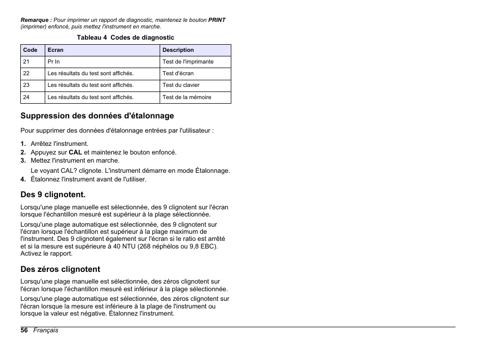 Suppression des données d'étalonnage, Des 9 clignotent, Des zéros clignotent | Hach-Lange 2100 N Laboratory Turbidimeter Basic User Manual User Manual | Page 56 / 78