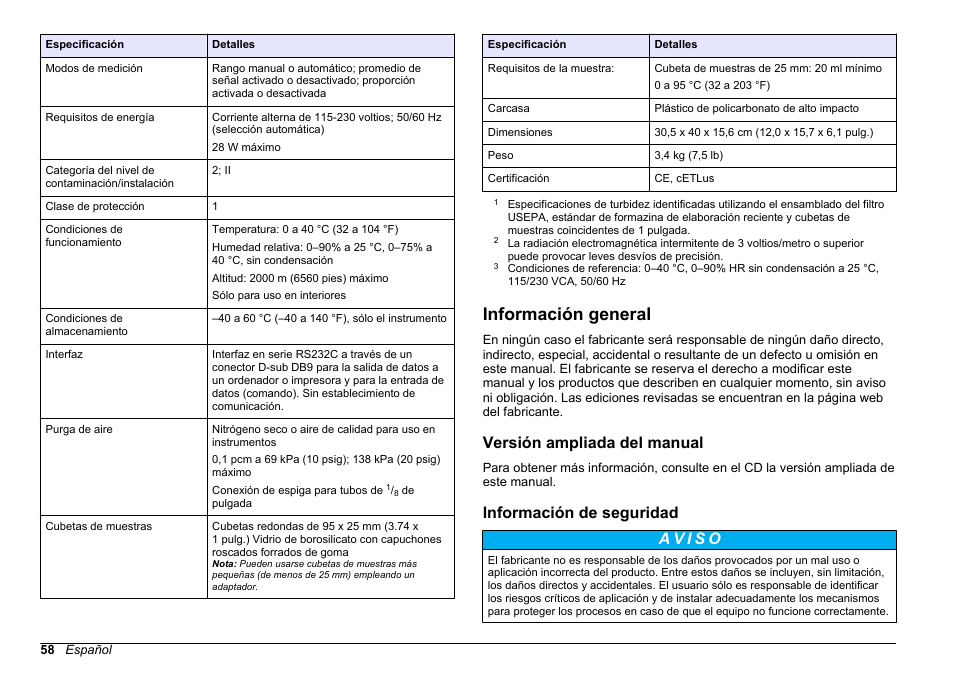 Información general, Versión ampliada del manual, Información de seguridad | Hach-Lange 2100 N Laboratory Turbidimeter Basic User Manual User Manual | Page 58 / 78