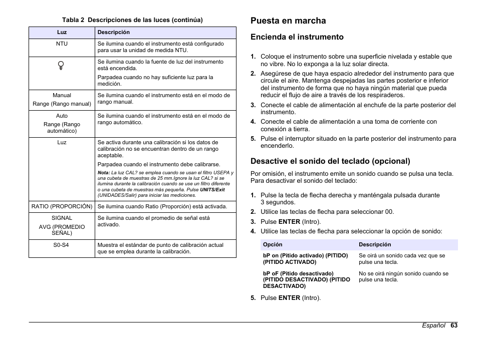 Puesta en marcha, Encienda el instrumento, Desactive el sonido del teclado (opcional) | Hach-Lange 2100 N Laboratory Turbidimeter Basic User Manual User Manual | Page 63 / 78