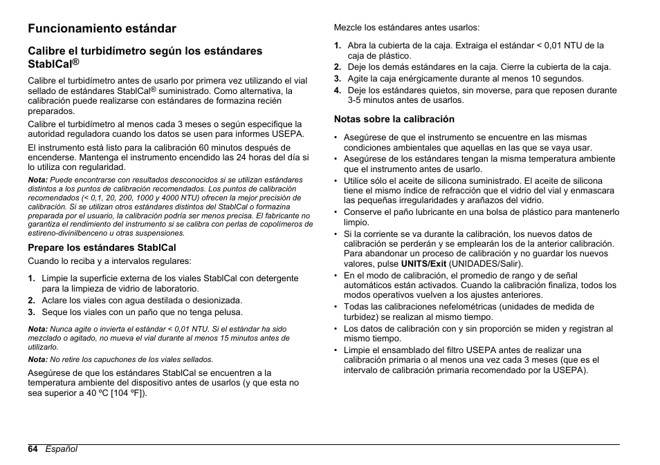 Funcionamiento estándar, Prepare los estándares stablcal, Notas sobre la calibración | Hach-Lange 2100 N Laboratory Turbidimeter Basic User Manual User Manual | Page 64 / 78
