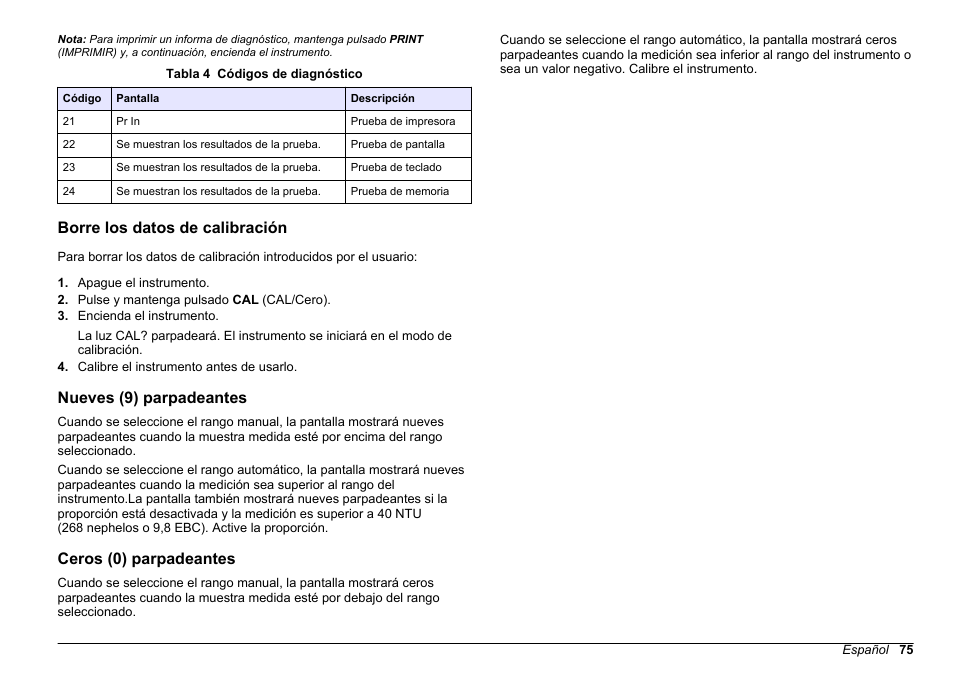 Borre los datos de calibración, Nueves (9) parpadeantes, Ceros (0) parpadeantes | Hach-Lange 2100 N Laboratory Turbidimeter Basic User Manual User Manual | Page 75 / 78