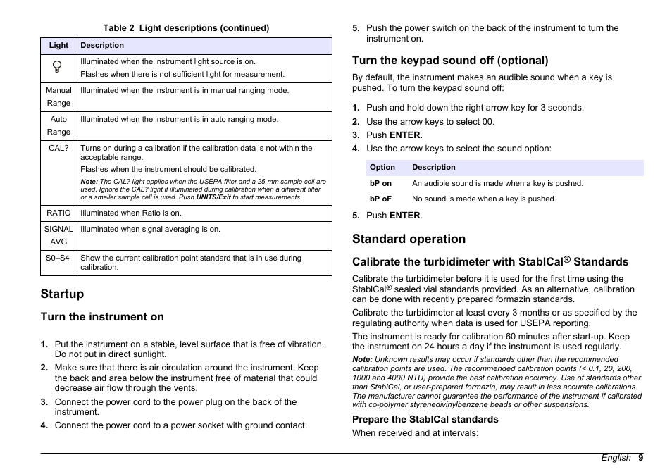 Startup, Turn the instrument on, Turn the keypad sound off (optional) | Standard operation, Prepare the stablcal standards, Calibrate the turbidimeter with stablcal, Standards | Hach-Lange 2100 N Laboratory Turbidimeter Basic User Manual User Manual | Page 9 / 78