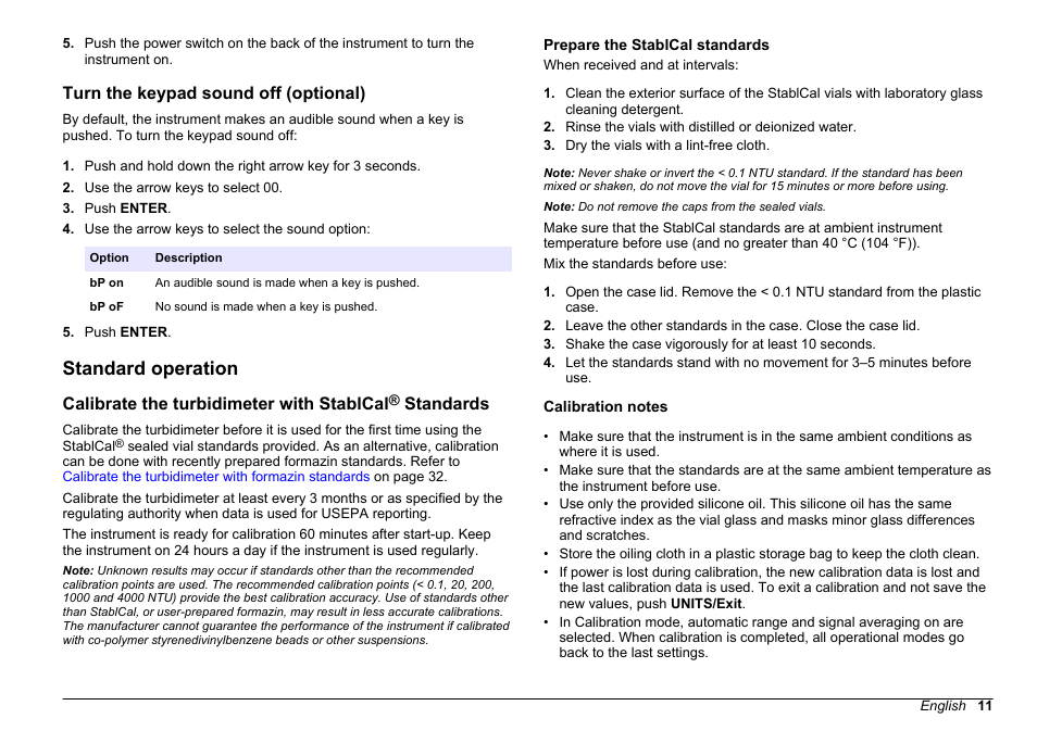 Turn the keypad sound off (optional), Standard operation, Prepare the stablcal standards | Calibration notes, Calibrate the turbidimeter with stablcal, Standards, Prepare the stablcal standards calibration notes | Hach-Lange 2100 N Laboratory Turbidimeter User Manual User Manual | Page 13 / 46