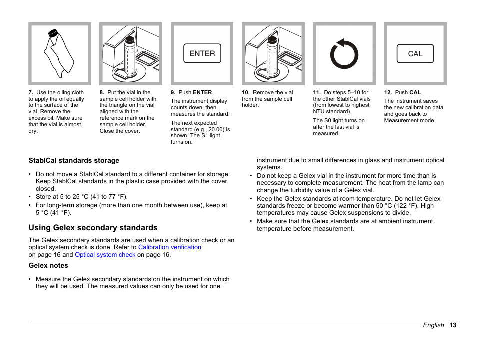 Stablcal standards storage, Using gelex secondary standards, Gelex notes | Hach-Lange 2100 N Laboratory Turbidimeter User Manual User Manual | Page 15 / 46
