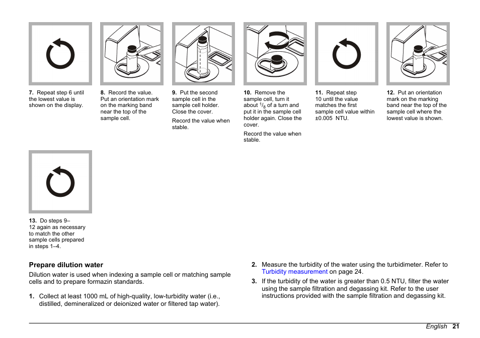 Prepare dilution water, Refer to, Prepare | Dilution water | Hach-Lange 2100 N Laboratory Turbidimeter User Manual User Manual | Page 23 / 46