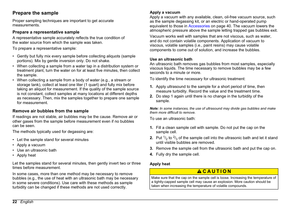 Prepare the sample, Prepare a representative sample, Remove air bubbles from the sample | Apply a vacuum, Use an ultrasonic bath, Apply heat, Apply a vacuum use an ultrasonic bath apply heat | Hach-Lange 2100 N Laboratory Turbidimeter User Manual User Manual | Page 24 / 46