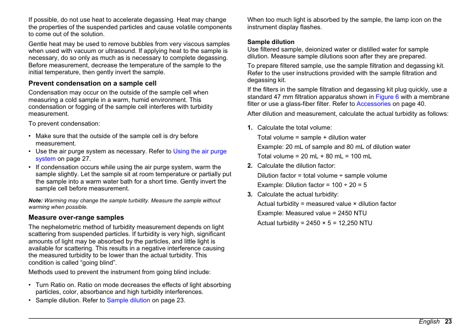 Prevent condensation on a sample cell, Measure over-range samples, Sample dilution | Hach-Lange 2100 N Laboratory Turbidimeter User Manual User Manual | Page 25 / 46