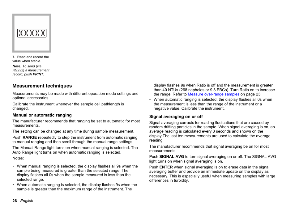 Measurement techniques, Manual or automatic ranging, Signal averaging on or off | Hach-Lange 2100 N Laboratory Turbidimeter User Manual User Manual | Page 28 / 46