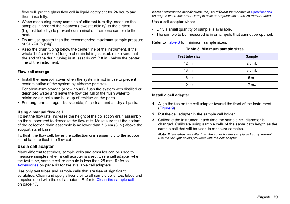 Flow cell storage, Using a manual flow cell, Use a cell adapter | Install a cell adapter, Flow cell storage using a manual flow cell | Hach-Lange 2100 N Laboratory Turbidimeter User Manual User Manual | Page 31 / 46