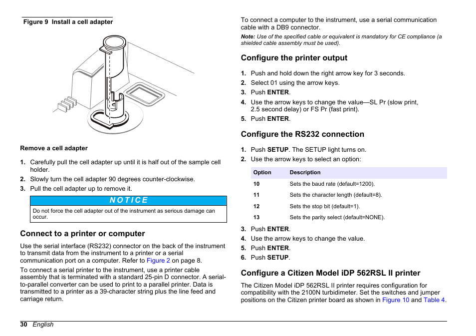 Remove a cell adapter, Connect to a printer or computer, Configure the printer output | Configure the rs232 connection, Configure a citizen model idp 562rsl ii printer, Figure 9 | Hach-Lange 2100 N Laboratory Turbidimeter User Manual User Manual | Page 32 / 46