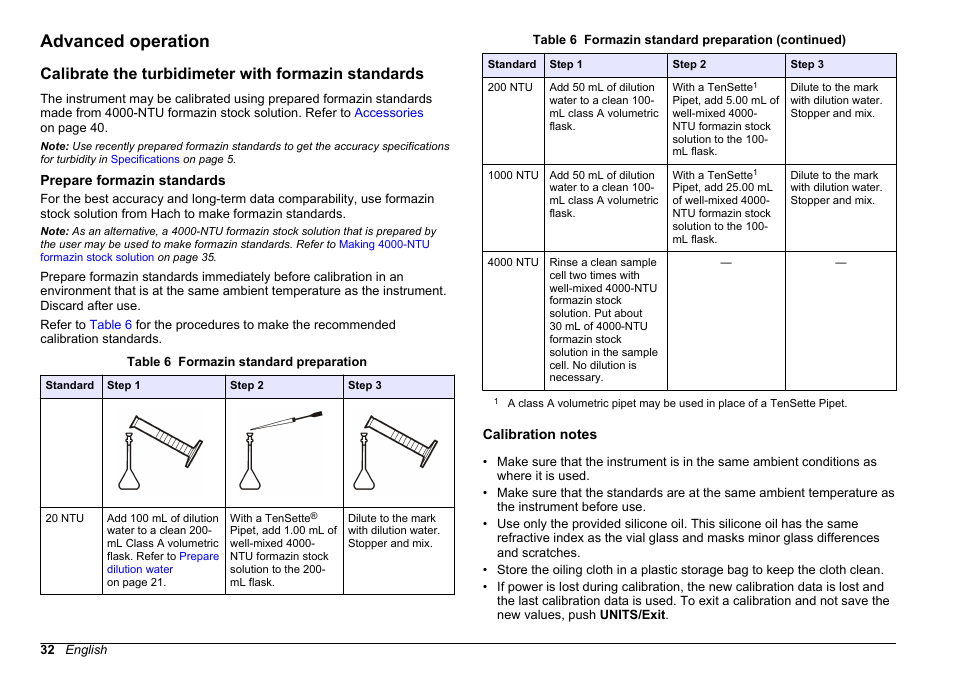Advanced operation, Calibrate the turbidimeter with formazin standards, Prepare formazin standards | Calibration notes, Prepare formazin standards calibration notes | Hach-Lange 2100 N Laboratory Turbidimeter User Manual User Manual | Page 34 / 46