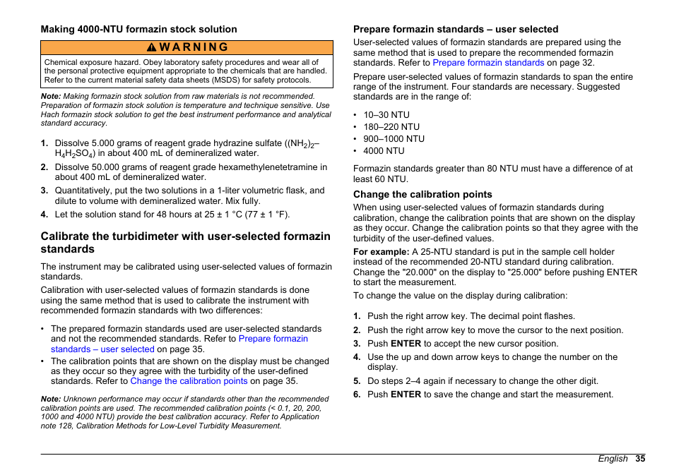 Making 4000-ntu formazin stock solution, Prepare formazin standards – user selected, Change the calibration points | Making 4000-ntu, Formazin stock solution | Hach-Lange 2100 N Laboratory Turbidimeter User Manual User Manual | Page 37 / 46