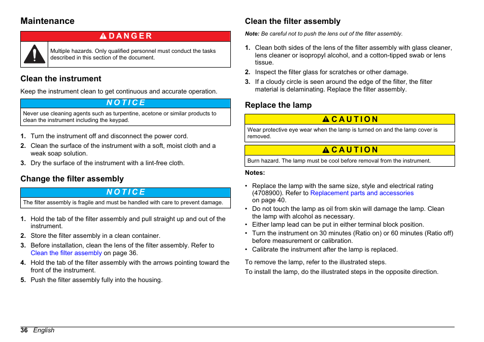 Maintenance, Clean the instrument, Change the filter assembly | Clean the filter assembly, Replace the lamp, Clean the filter, Assembly | Hach-Lange 2100 N Laboratory Turbidimeter User Manual User Manual | Page 38 / 46