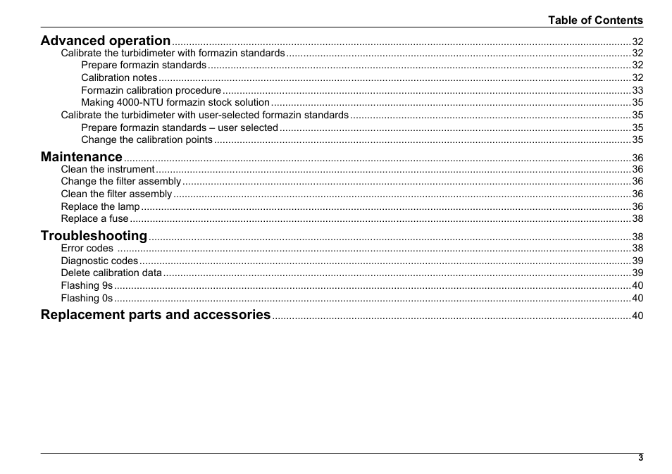 Advanced operation, Maintenance, Troubleshooting | Replacement parts and accessories | Hach-Lange 2100 N Laboratory Turbidimeter User Manual User Manual | Page 5 / 46