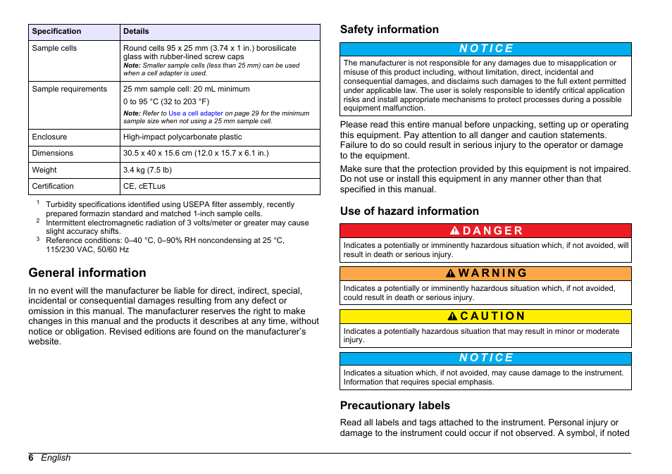 General information, Safety information, Use of hazard information | Precautionary labels | Hach-Lange 2100 N Laboratory Turbidimeter User Manual User Manual | Page 8 / 46