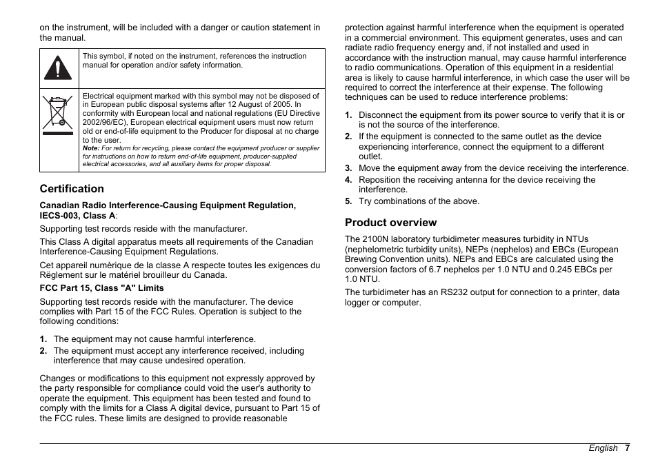 Certification, Product overview, Certification product overview | Hach-Lange 2100 N Laboratory Turbidimeter User Manual User Manual | Page 9 / 46