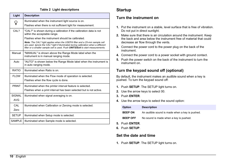 Startup, Turn the instrument on, Turn the keypad sound off (optional) | Set the date and time | Hach-Lange 2100 AN Laboratory Turbidimeter Basic User Manual User Manual | Page 10 / 86