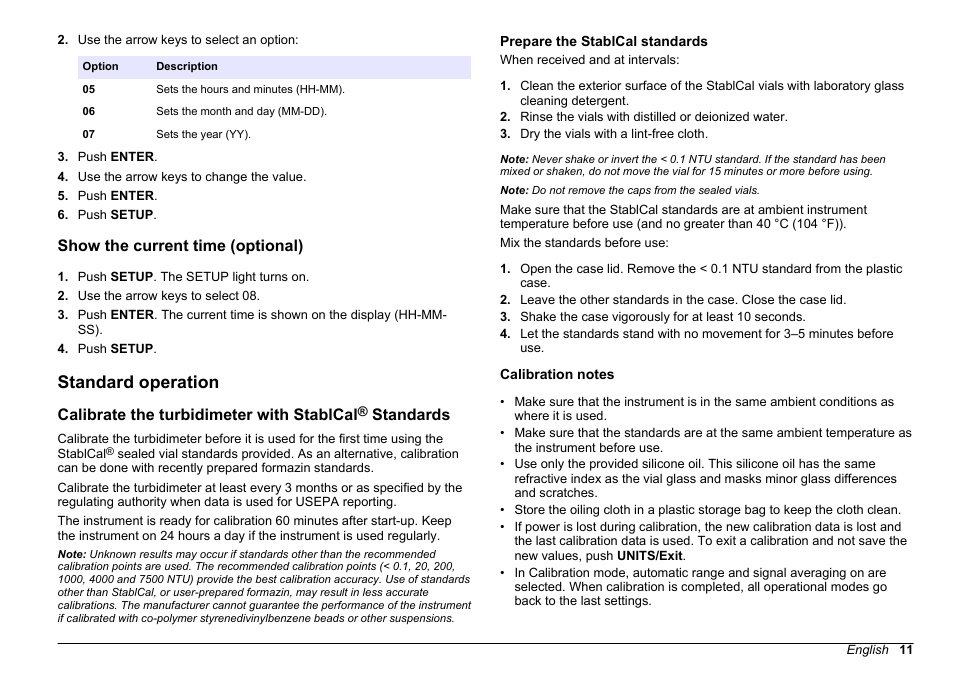 Show the current time (optional), Standard operation, Prepare the stablcal standards | Calibration notes, Calibrate the turbidimeter with stablcal, Standards | Hach-Lange 2100 AN Laboratory Turbidimeter Basic User Manual User Manual | Page 11 / 86