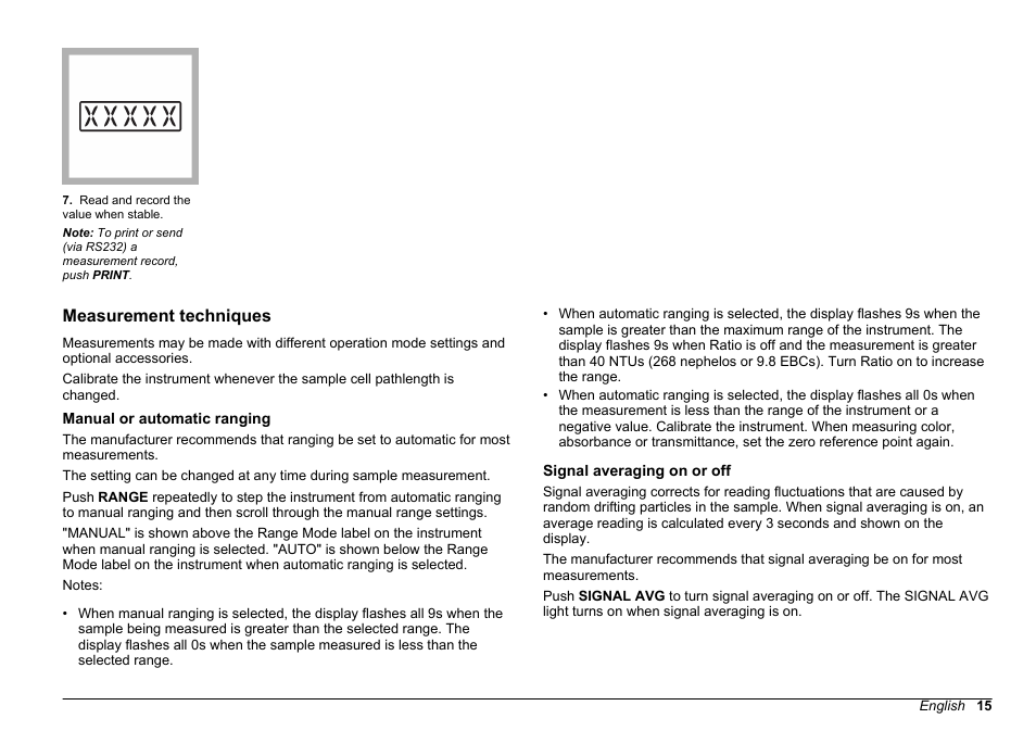 Measurement techniques, Manual or automatic ranging, Signal averaging on or off | Hach-Lange 2100 AN Laboratory Turbidimeter Basic User Manual User Manual | Page 15 / 86