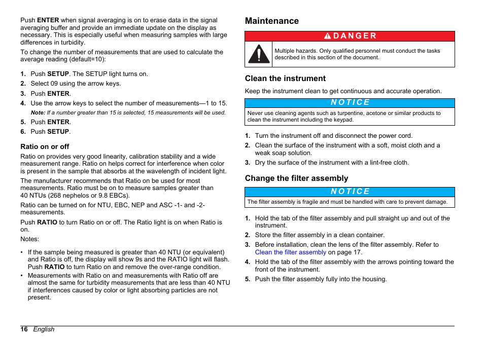 Ratio on or off, Maintenance, Clean the instrument | Change the filter assembly | Hach-Lange 2100 AN Laboratory Turbidimeter Basic User Manual User Manual | Page 16 / 86